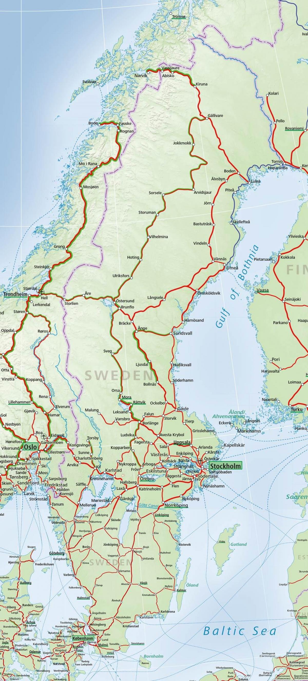 Mapa das linhas de comboio da Suécia